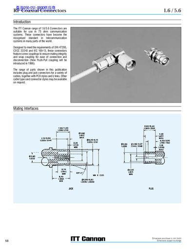 ITT Cannon 1.6/5.6 RF Coaxial Connectors Catalogue - cover page