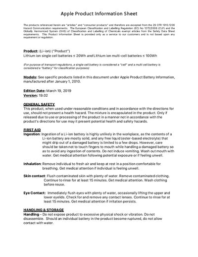 Apple Various Battery Product Information Sheet - cover page