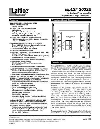 Lattice ispLSI 2032E Datasheet - cover page