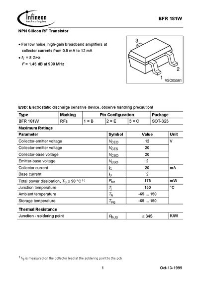 Infineon BFR 181W NPN Silicon RF Transistor Datasheet - cover page