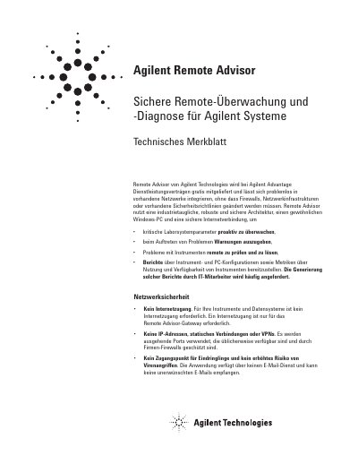 Agilent Remote Advisor Technical Leaflet - cover page