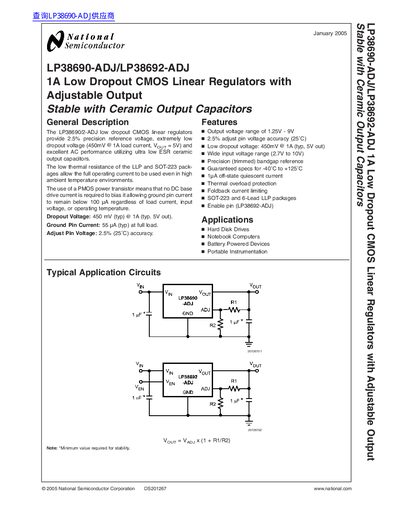 National semiconductor LP38690-ADJ/LP38692-ADJ 1A Low Dropout CMOS Linear Regulators with Adjustable Output Stable with Ceramic Output Capacitors handbook - cover page