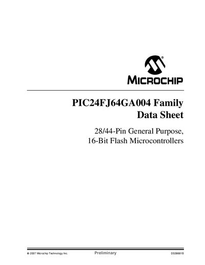 Microchip PIC24FJ64GA004 Data Sheet - cover page