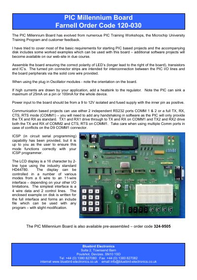 BLUEBIRD ELECTRONICS PIC Millennium Board Farnell Order Code 120-030 Manual - cover page