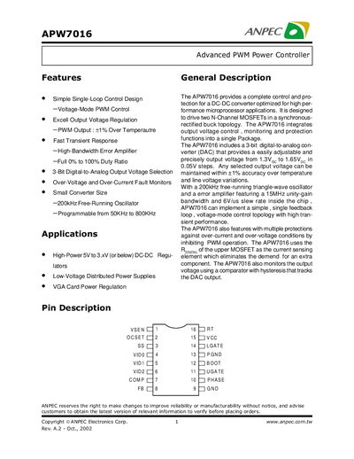 ANPEC APW7016 Datasheet - cover page