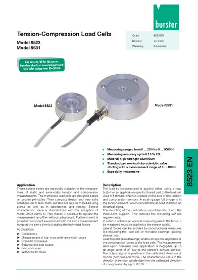 Burster 8523/8531 Tension-Compression Load Cells Datasheet - cover page