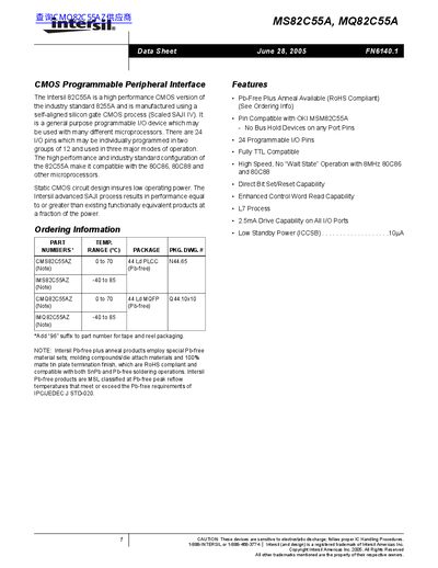 Intersil MS82C55A/MQ82C55A CMOS Programmable Peripheral Interface Datasheet - cover page