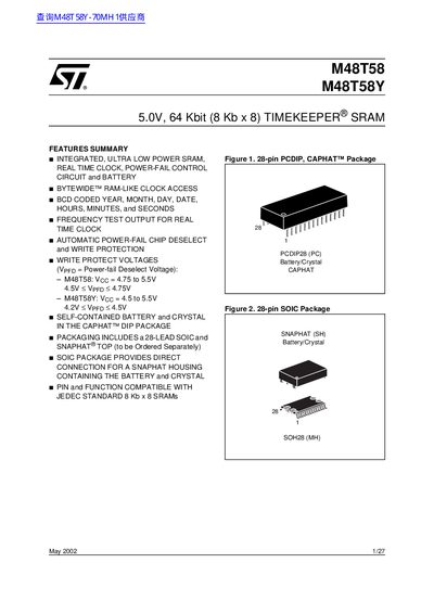 ST M48T58 M48T58Y5.0V 64Kbit(8Kbx8) TIMEKEEPER SRAM handbook - cover page
