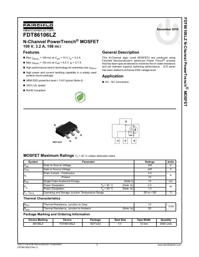 Fairchild FDT86106LZ N-Channel PowerTrench MOSFET Datasheet - cover page