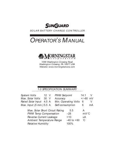 Morningstar SunGuard 1098 Solar Battery Charge Controller Operator's Manual - cover page