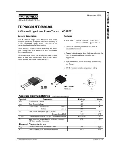 Fairchild FDP8030L/FDB8030L N-Channel Logic Level PowerTrench MOSFET Datasheet - cover page