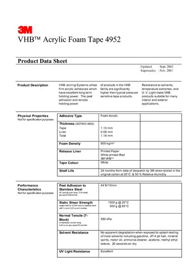 3M 4952 Acrylic Foam Tape Product Data Sheet - cover page