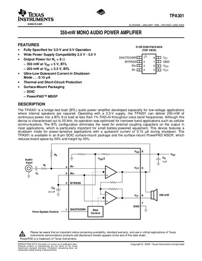 TEXAS INSTRUMENTS TPA301 350-mW MONO AUDIO POWER AMPLIFIER handbook - cover page