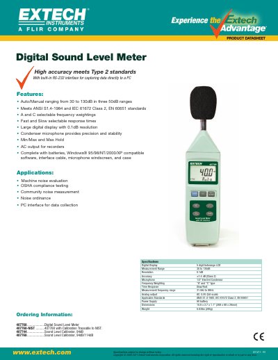 EXTECH 407768....................Digital Sound Level Meter 407768-NIST ..........407768 with Calibration Traceable to NIST. 407744....................Sound Level Calibrator 94dB 407768.............. - cover page
