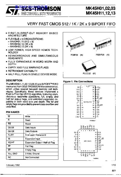 SGS-THOMSON MK45H01/02/03 9-Bit Biport FIFO Datasheet - cover page