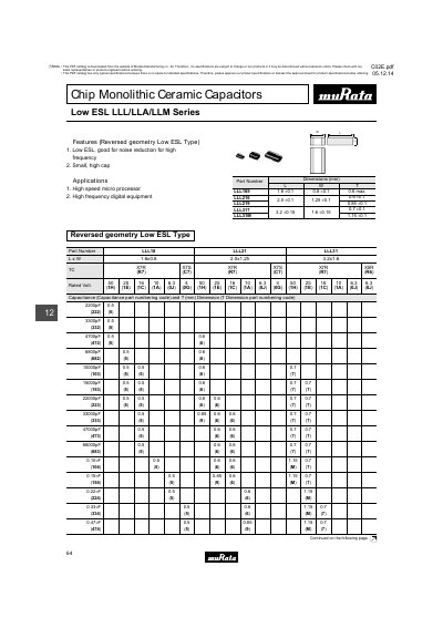 Murata LLL/LLA/LLM Series Low ESL Ceramic Capacitor Product Leaflet - cover page