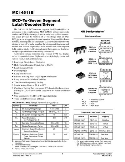 ON Semiconductor MC14511B BCD-to-Seven Segment Latch/Decoder/Driver Datasheet - cover page