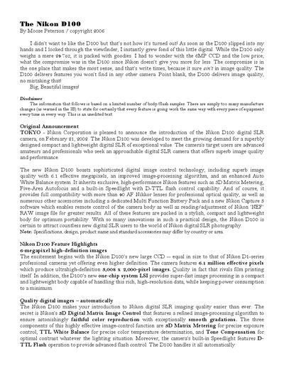 Nikon D100 Digital SLR User Manual - cover page