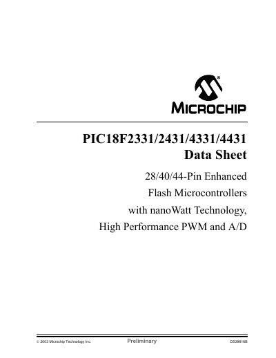 Microchip PIC18F2331/2431/4331/4431 Data Sheet - cover page