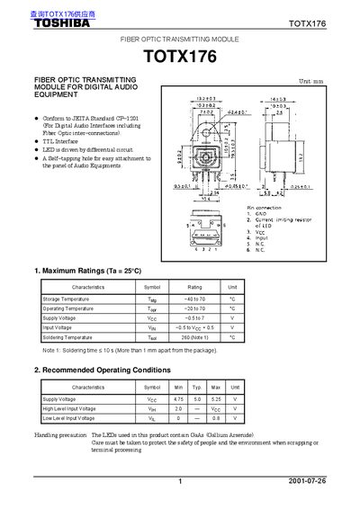Toshiba TOTX176 Fiber Optic Transmitting Module User Manual - cover page