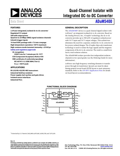 Analog Devices ADuM5400 Quad-Channel Digital Isolator Data Sheet - cover page