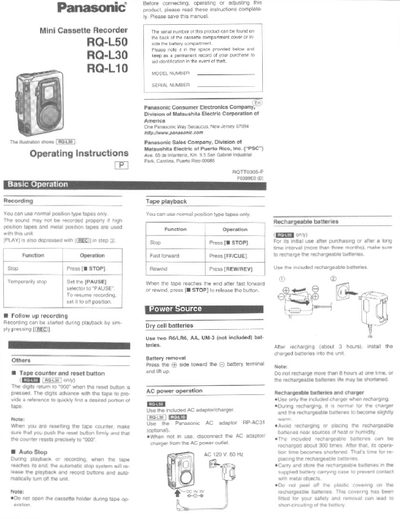 Panasonic RQ-L50 Mini Cassette Recorder Operating Instructions - cover page