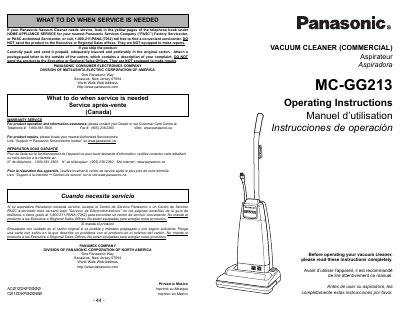 Panasonic MC-GG213 Commercial Vacuum Cleaner Operating Instructions - cover page