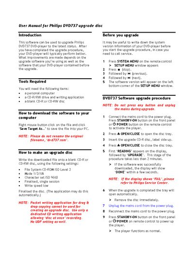 Philips DVD737 Upgrade Disc User Manual - cover page