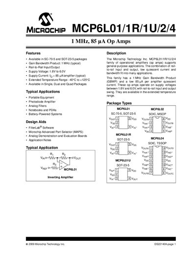 Microchip MCP6L01/1R/1U/2/4 Operational Amplifier Datasheet - cover page
