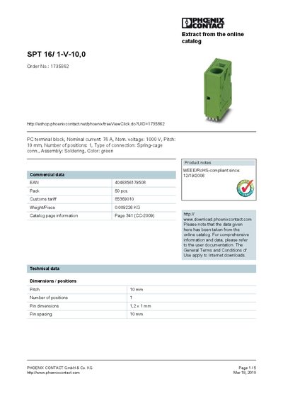 PHOENIX CONTACT SPT 16/ 1-V-10 0 Order No.: 1735862 handbook - cover page