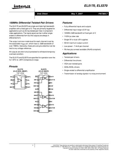 Intersil EL5170 EL5370 Differential Twisted-Pair Driver Datasheet - cover page