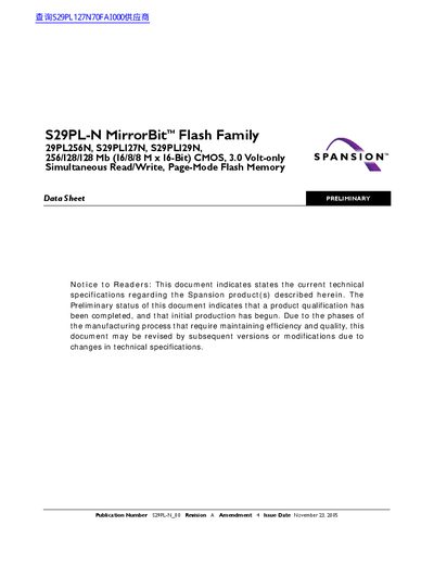 Spansion S29PL-N MirrorBit Flash Family Data Sheet - cover page