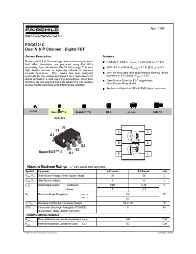 Fairchild FDC6321C Dual N & P Channel Digital FET Datasheet - cover page