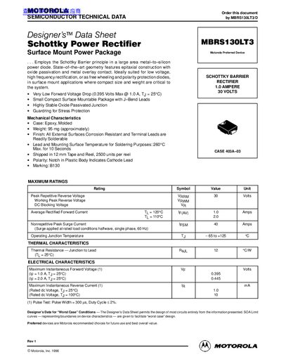 MOTOROLA MBRS130LT3 Data Sheet - cover page