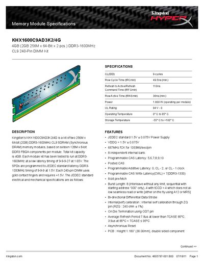 Kingston KHX1600C9AD3K2/4G DDR3 Memory Module Datasheet - cover page