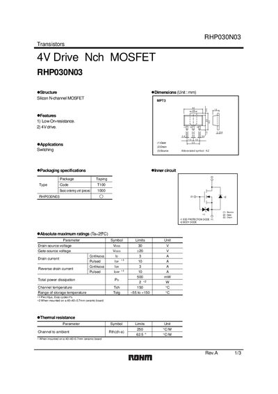 ROHM RHP030N03 N-Channel MOSFET Datasheet - cover page