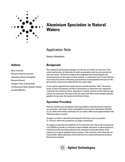 Agilent AA-475 Aluminium Speciation Application Note - cover page