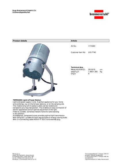 Brennenstuhl TERRAZZA Light & Power Station Product Details - cover page
