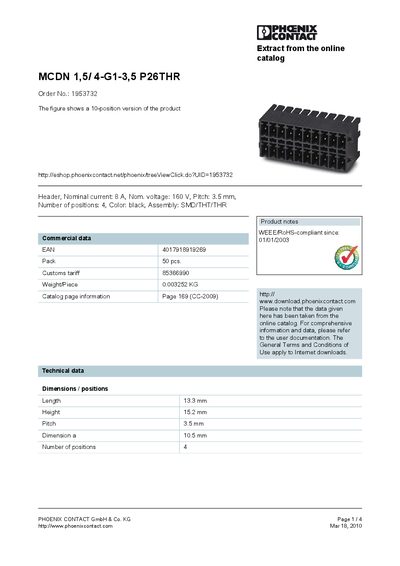 PHOENIX CONTACT MCDN 1 5/ 4-G1-3 5 P26THR Order No.: 1953732 The figure shows a 10-position version of the product handbook - cover page