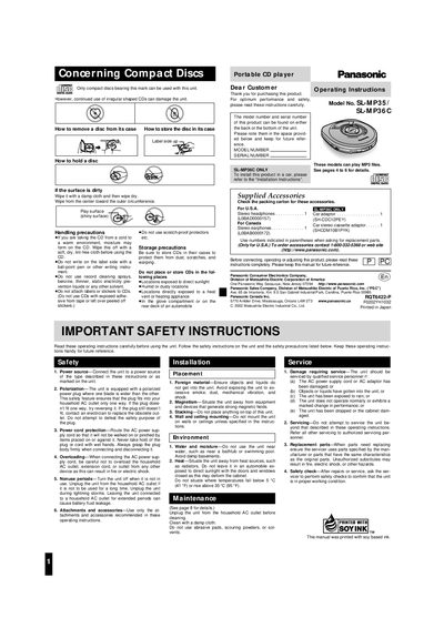 Panasonic SL-MP35/SL-MP36C Portable CD Player Operating Instructions - cover page