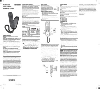 Uniden 1100 Series Slimline Phone User Guide - cover page