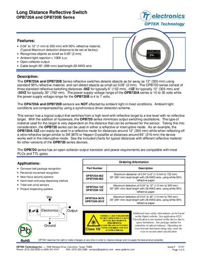Optek OPB720A/OPB720B Long Distance Reflective Switch Manual - cover page