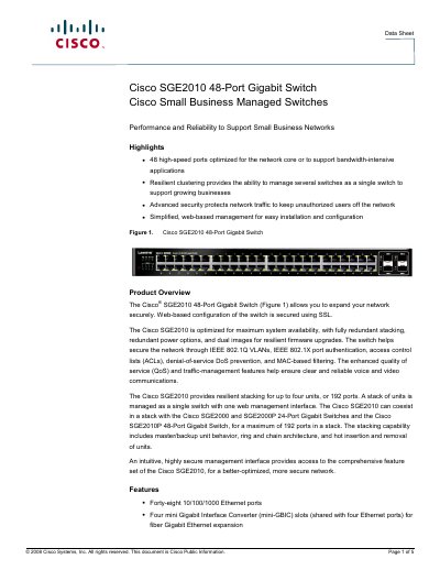 Cisco SGE2010 48-Port Gigabit Switch Data Sheet - cover page