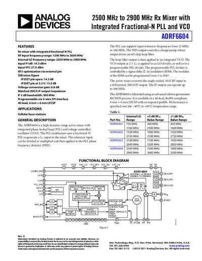 Analog Devices ADRF6604 RF Mixer with Integrated PLL Datasheet - cover page