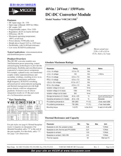 VICOR 48Vin 24Vout 150Watts DC-DC Converter Module Model Number V48C24C150B * handbook