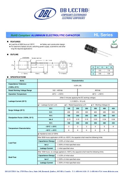 DB LECTRO DBL HL SERIES Aluminium Electrolytic Capacitor Datasheet - cover page