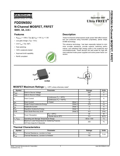 Fairchild FDD5N50U N-Channel MOSFET Datasheet - cover page
