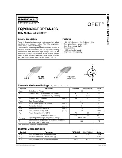 Fairchild FQP6N40C/FQPF6N40C 400V N-Channel MOSFET Datasheet