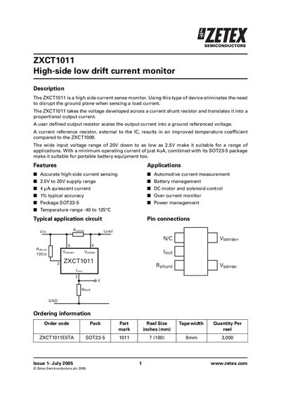 Zetex ZXCT1011 High-side Low Drift Current Monitor Handbook - cover page
