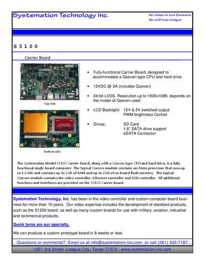 Systemation Technology S3100 Video Controller Board Product Sheet